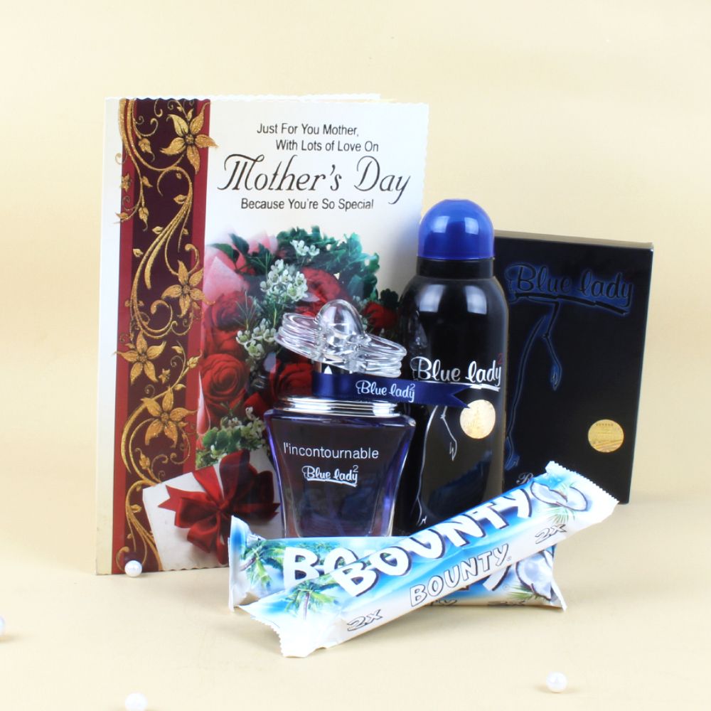 Blue Lady Perfume and Bounty Chocolates with Greeting Card