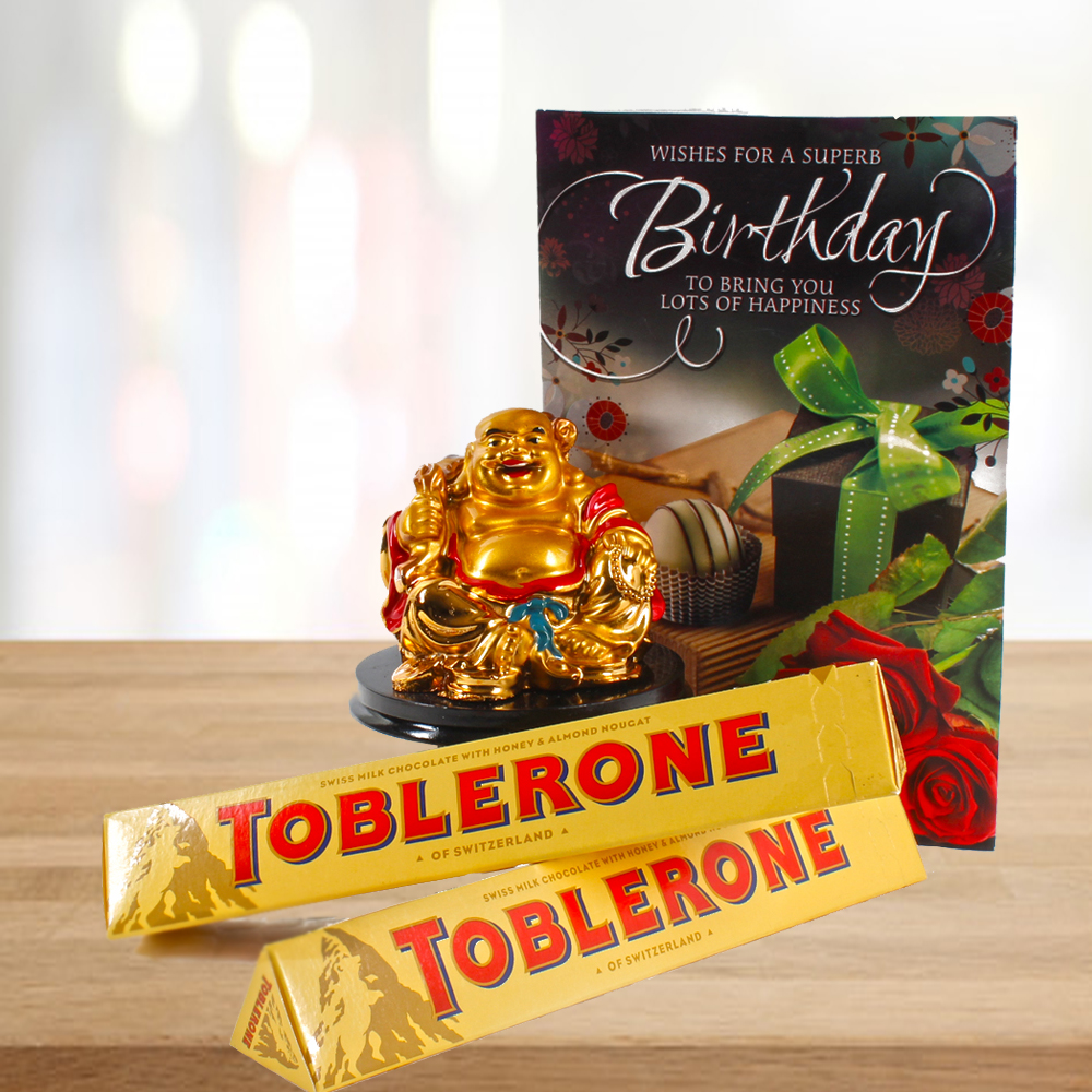 Laughing Buddha and Birthday Card with Toblerone Chocolates