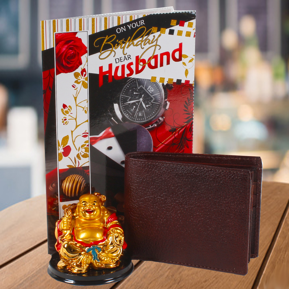 Laughing Buddha with Mens Wallet and Birthday Card for Husband