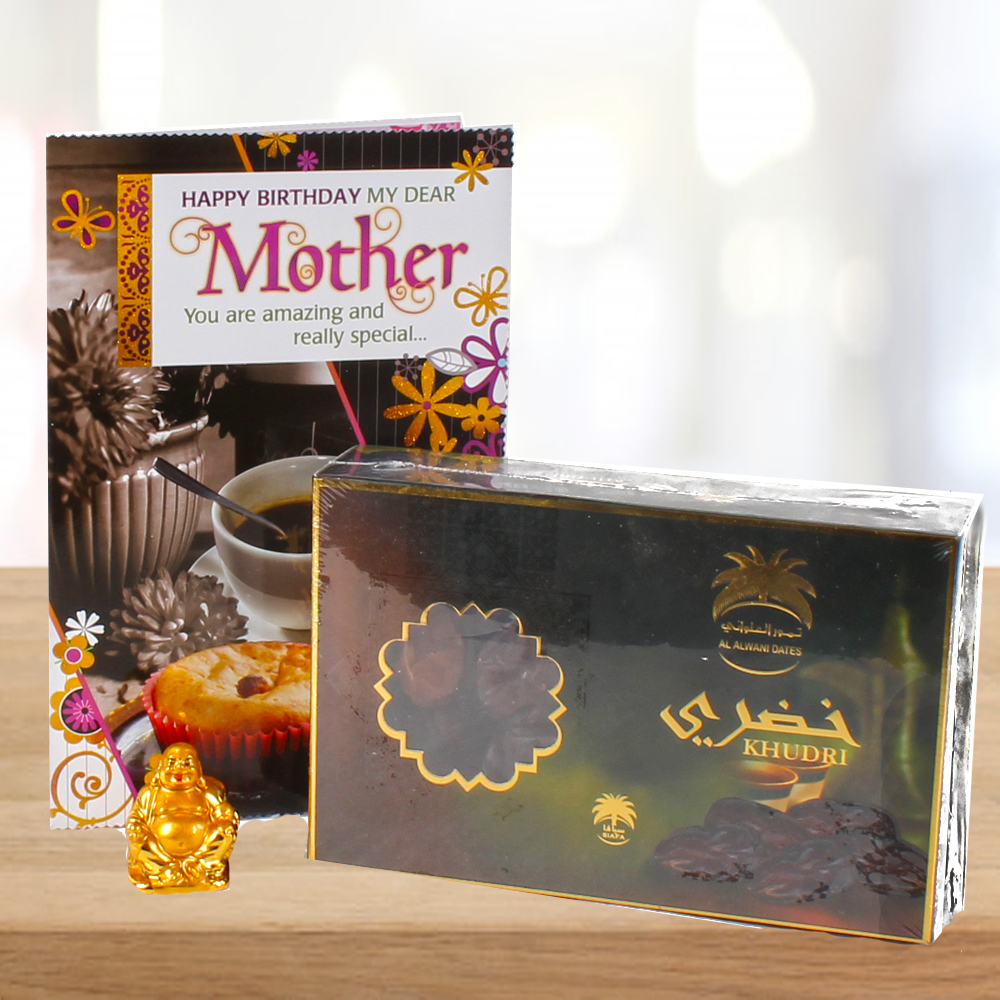 Tiny Laughing Buddha and Khudri Dates with Birthday Greeting Card for Mother