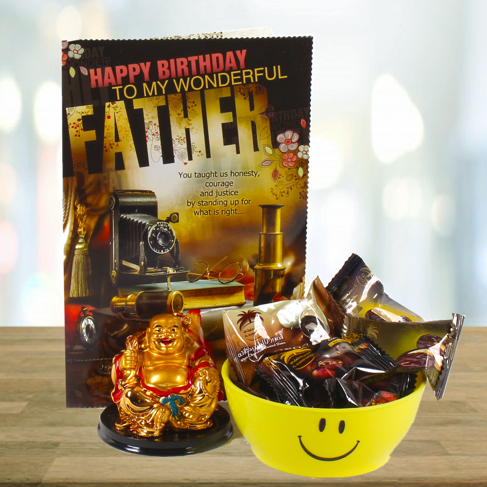 Laughing Buddha and Mix Dates in Smiley Bowl with Birthday Card for Dad