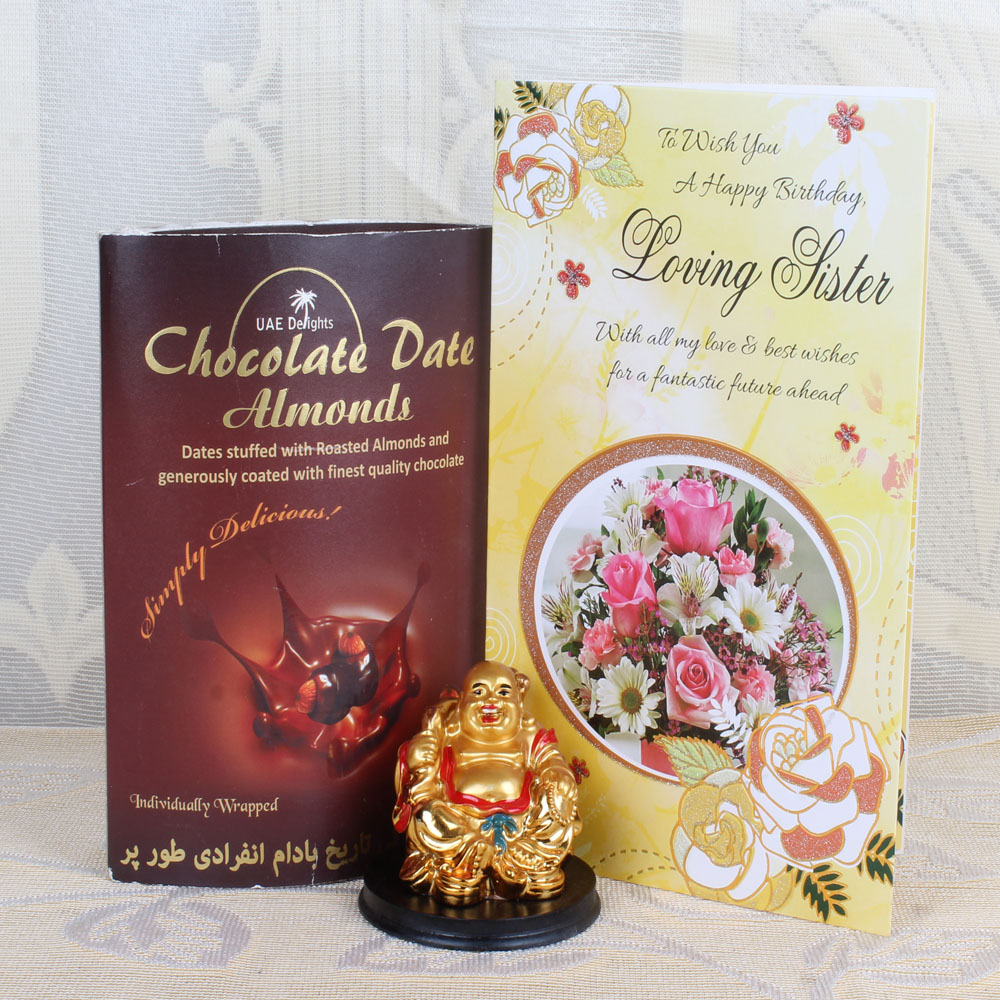 Laughing Buddha and Chocolate Date Almonds along with Birthday Greeting Card for Sister