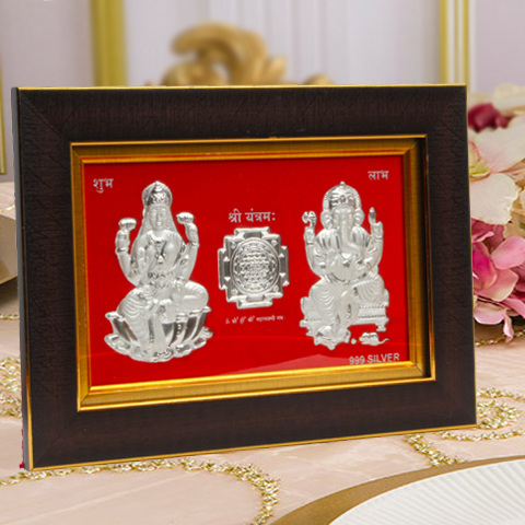 Frame of Silver Plated Laxmi Ganesh with Yantra