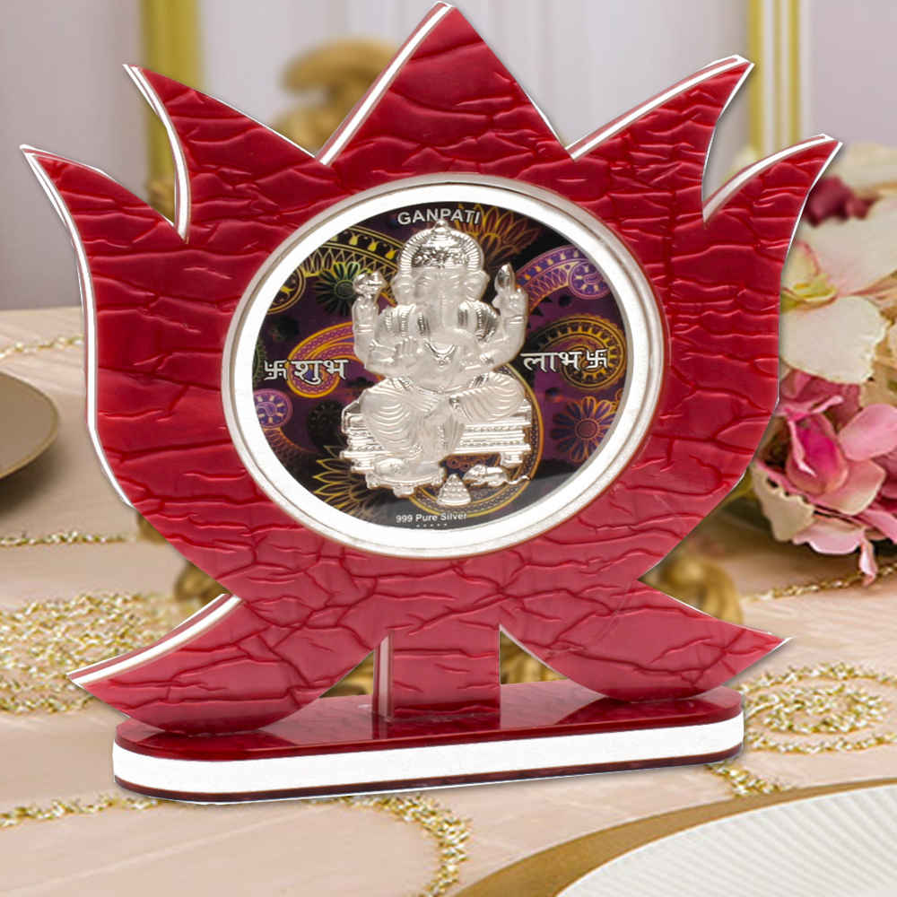 Lotus Shaped Frame of Silver Plated Ganesh