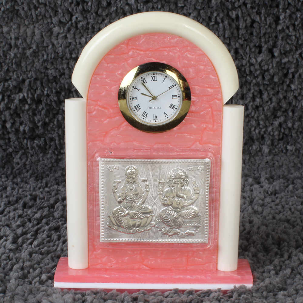 Table Clock with Silver Plated Laxmi Ganesh Idol of Acrylic Frame
