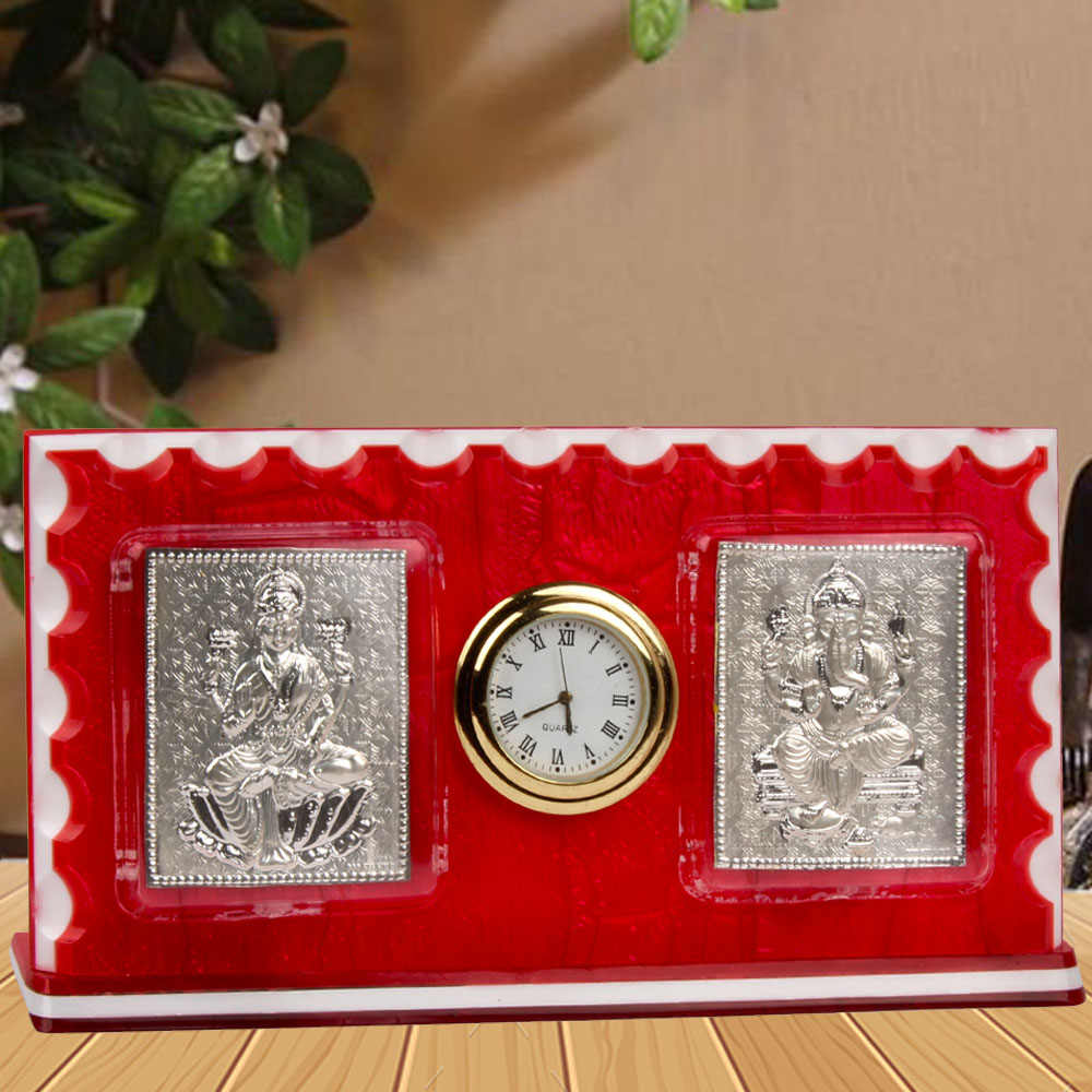 Acrylic Frame of Silver Plated Laxmi Ganesh with Clock.