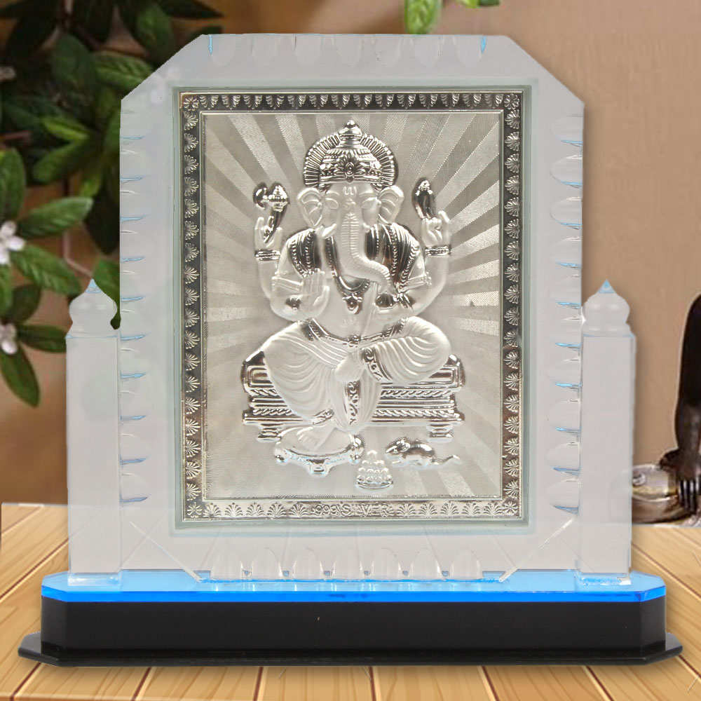 Crystal Frame of Silver Plated Ganesh