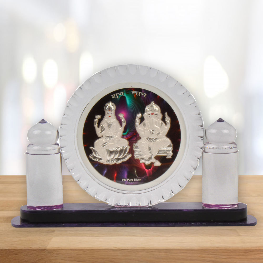 Crystal Frame of Silver Plated Laxmi and Ganesh