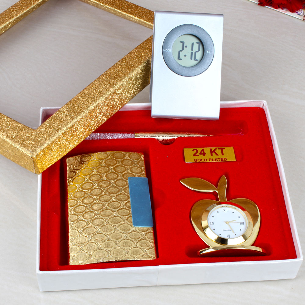 Golden Apple Clock and Card Holder with Glden Crystal Pen and Digital Clock Paper Clip