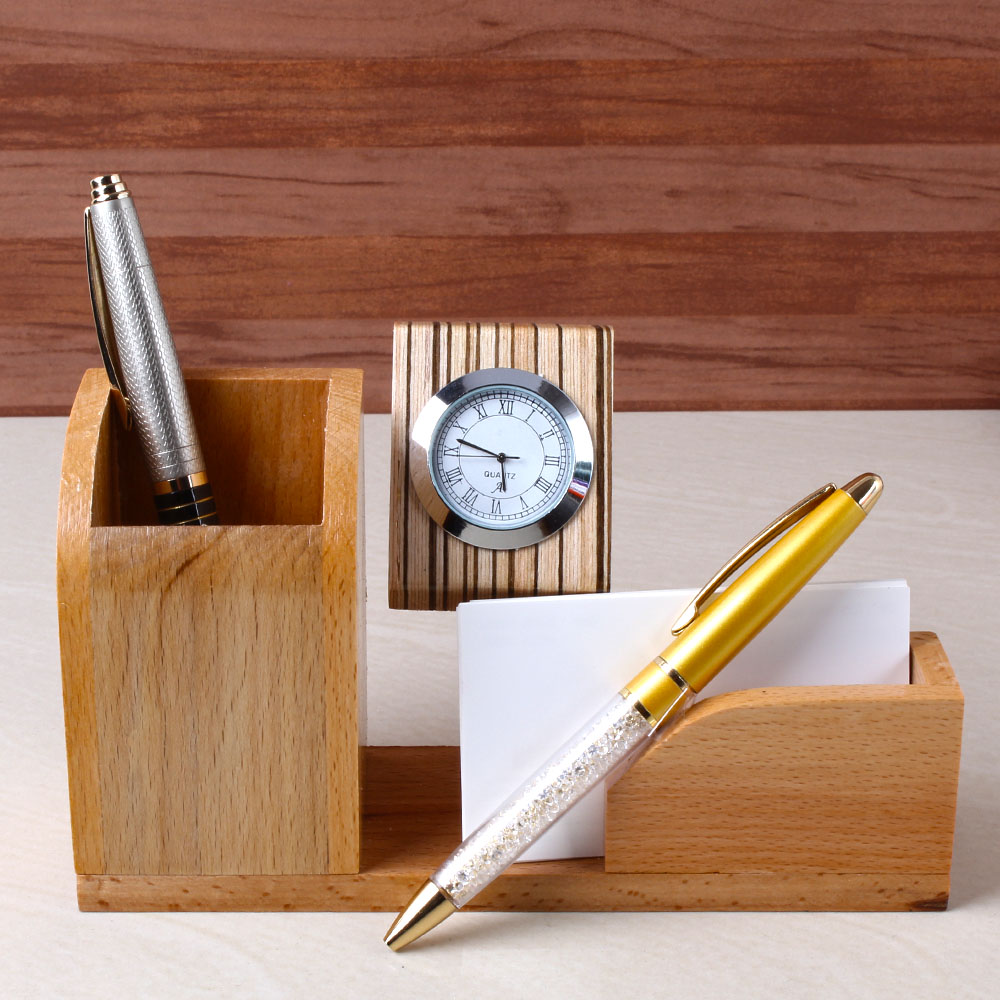 Designer Pens with Wooden Stand Includes Clock with Pen Paper Holder
