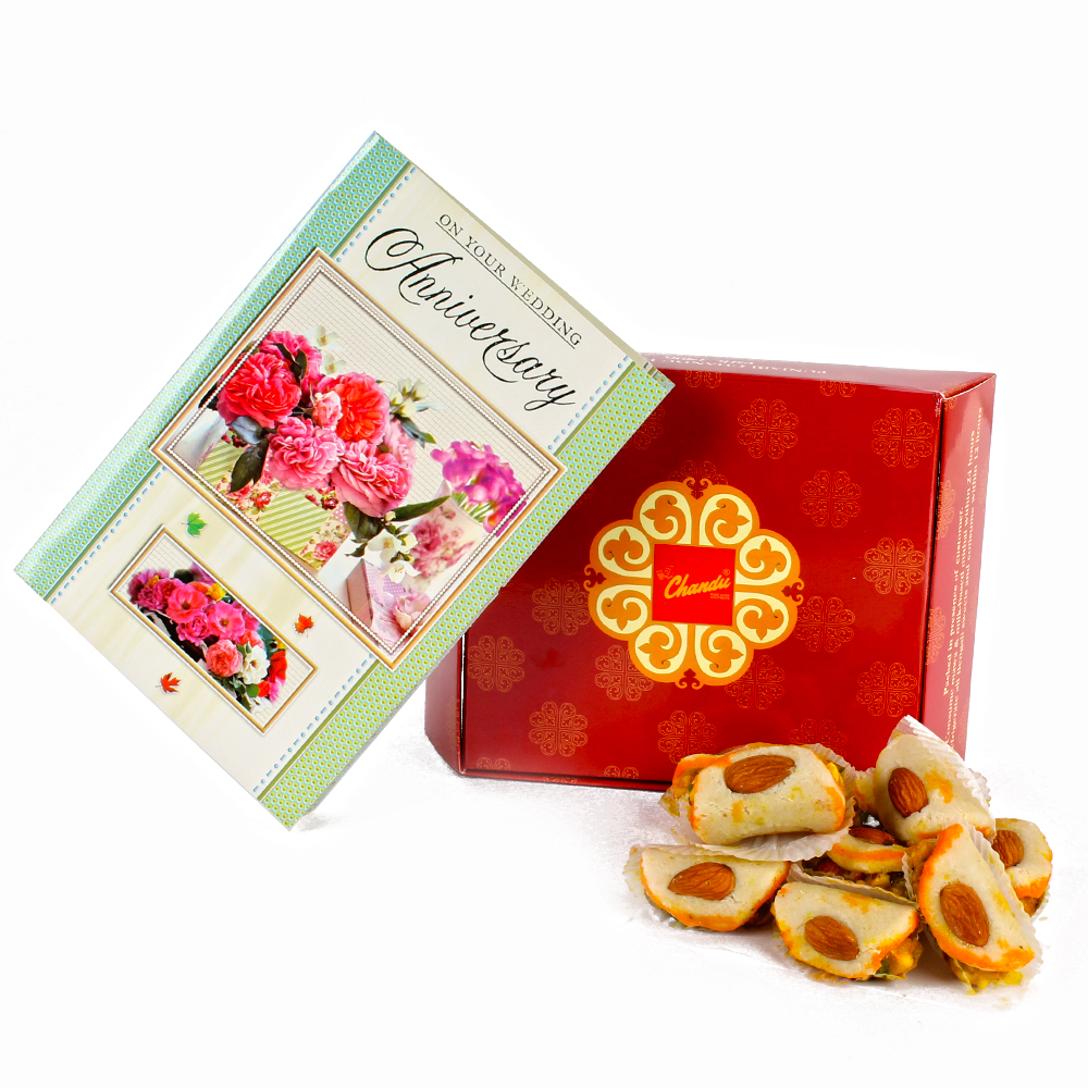 Delicious Badam Sweet and Anniversary Greeting Card