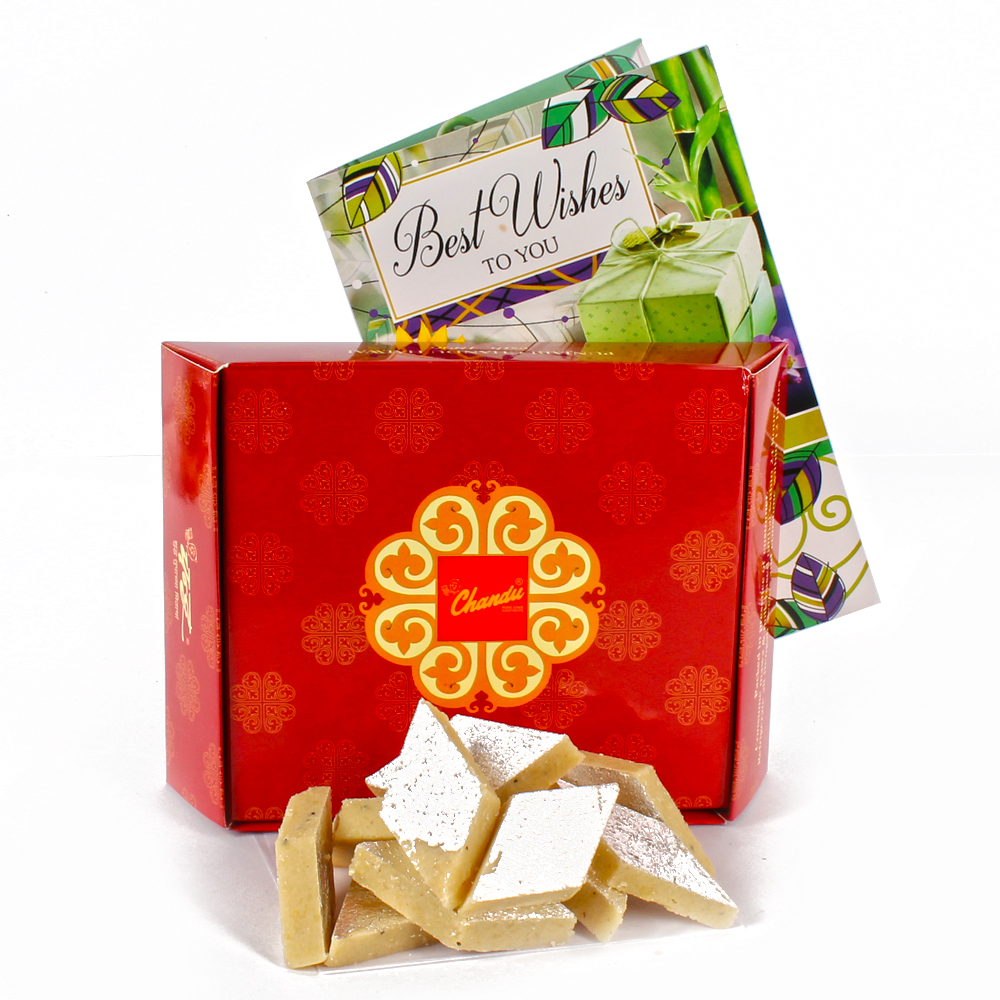 Mouth watering kaju katli  sweet with Best Wishes card