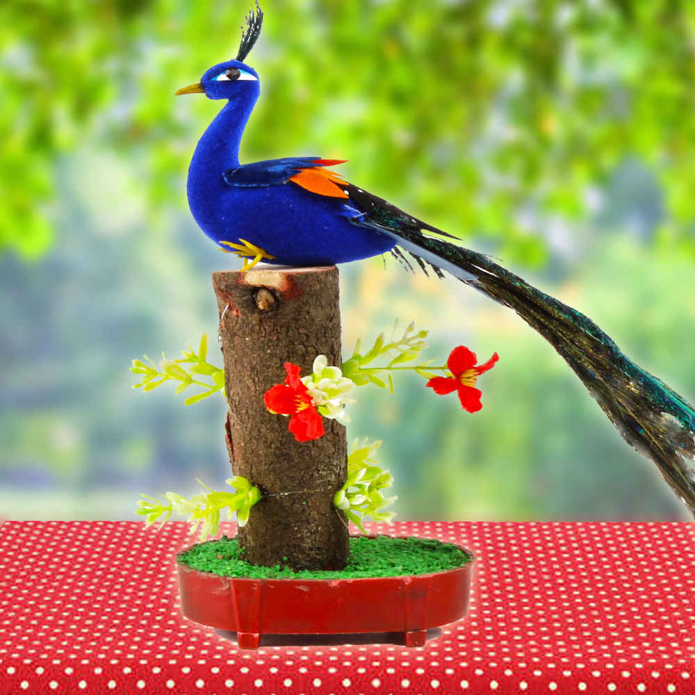 Home Decor Showpiece of Peacock on a Tree Trunk