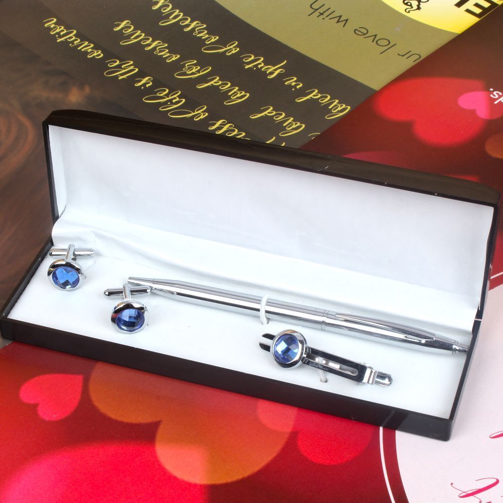 Silver Pen and Tie Pin with Cufflinks Set