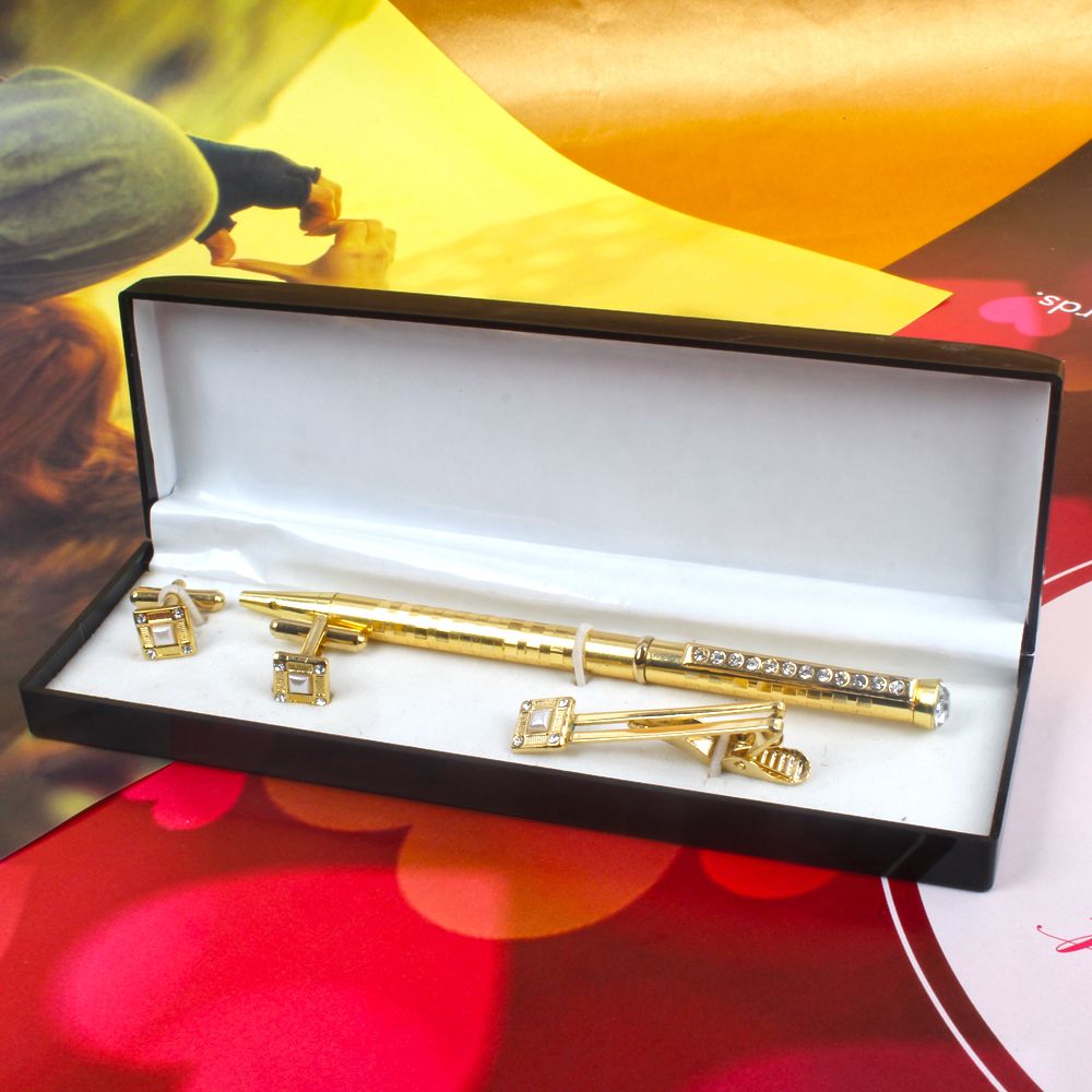 Golden Cufflinks Set Gift Box Including Tie Pin and Pen