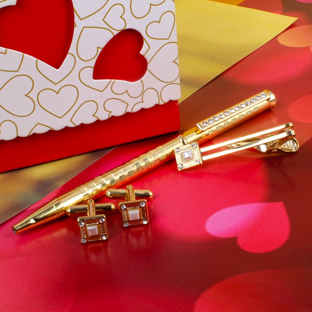 Golden Cufflinks Set Gift Box Including Tie Pin and Pen