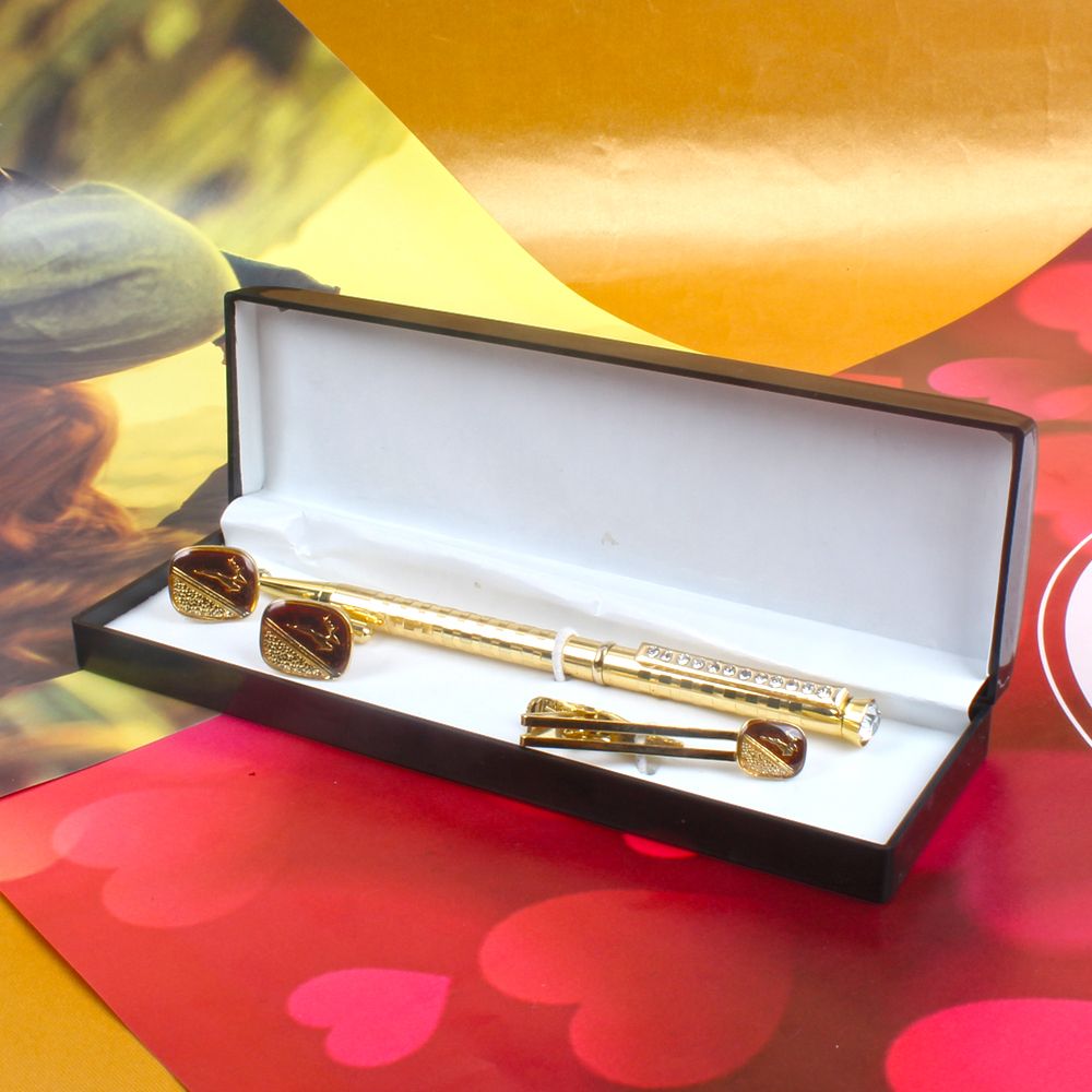 Golden Elegant Pen with Cufflinks and Tie Pin