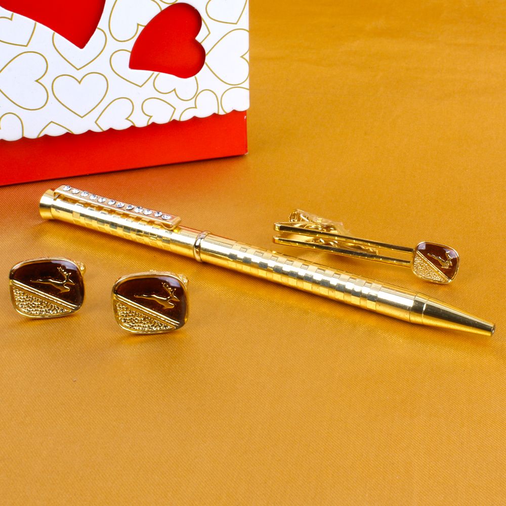 Golden Elegant Pen with Cufflinks and Tie Pin