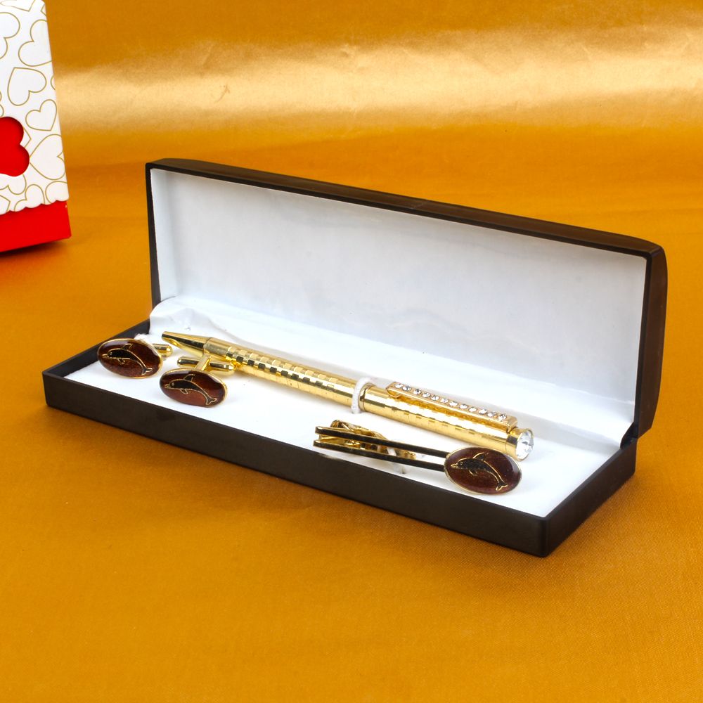 Dolphin Design Cufflink and Tie Pin with Golden Pen