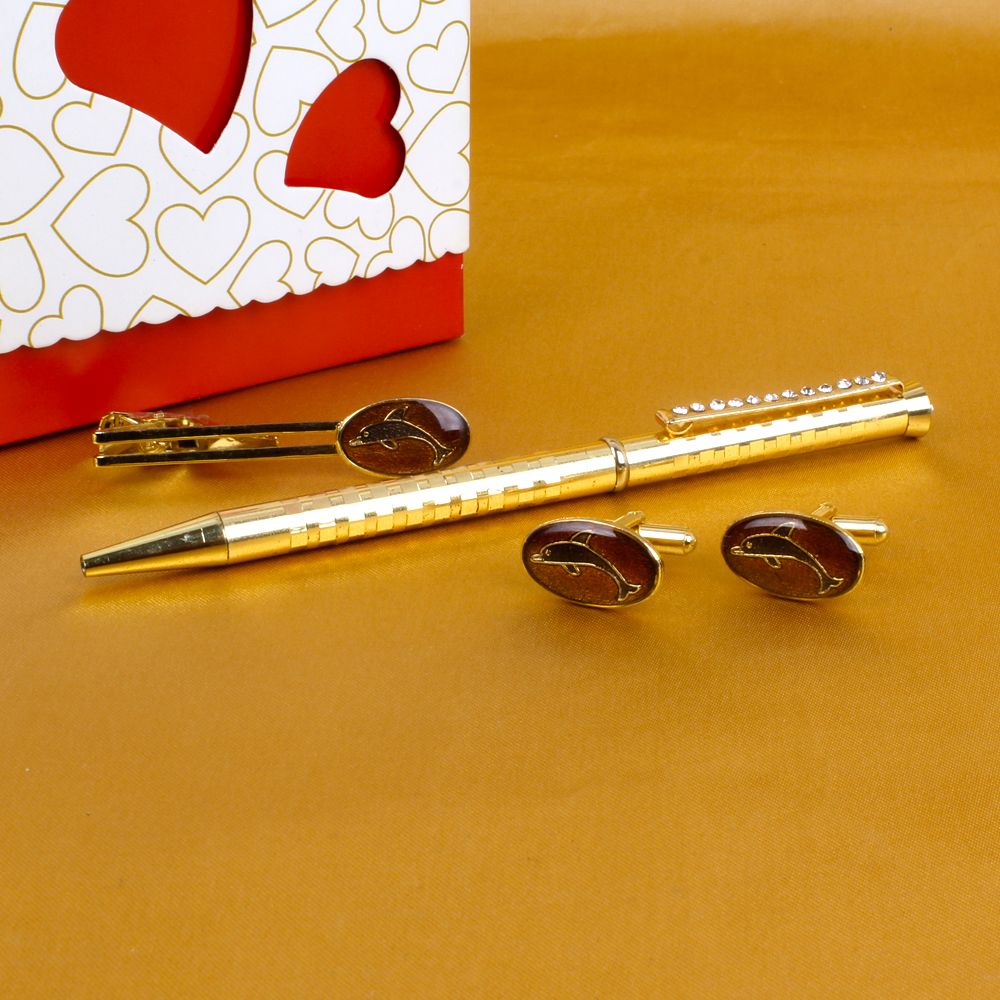 Dolphin Design Cufflink and Tie Pin with Golden Pen