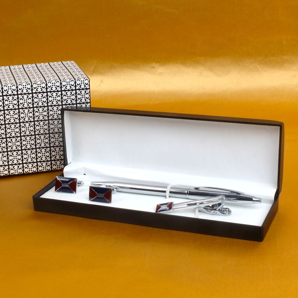 Rectangle Design Tie Pin and Cufflinks with Silver Pen