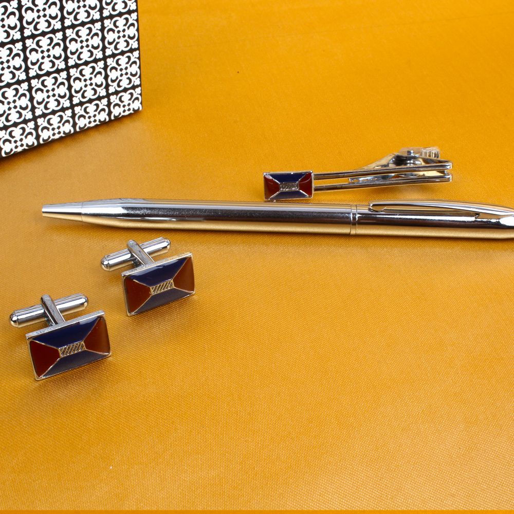 Rectangle Design Tie Pin and Cufflinks with Silver Pen