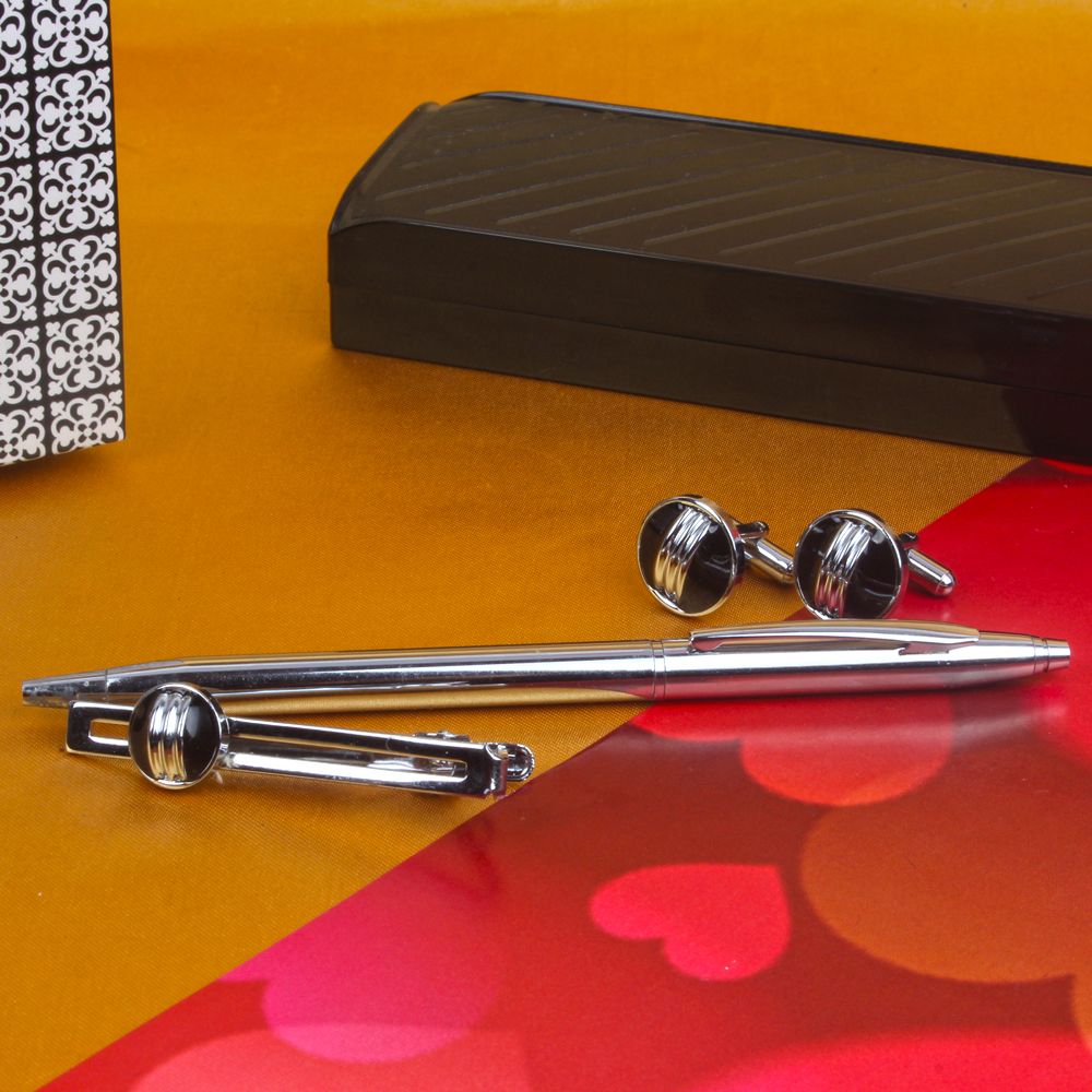 Silver and Black Combination Cufflink with Tie Pin and Pen