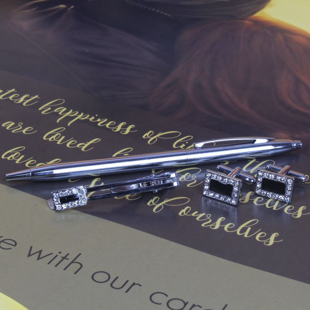 Diamond Studded Cufflinks and Tie Pin with Silver Pen