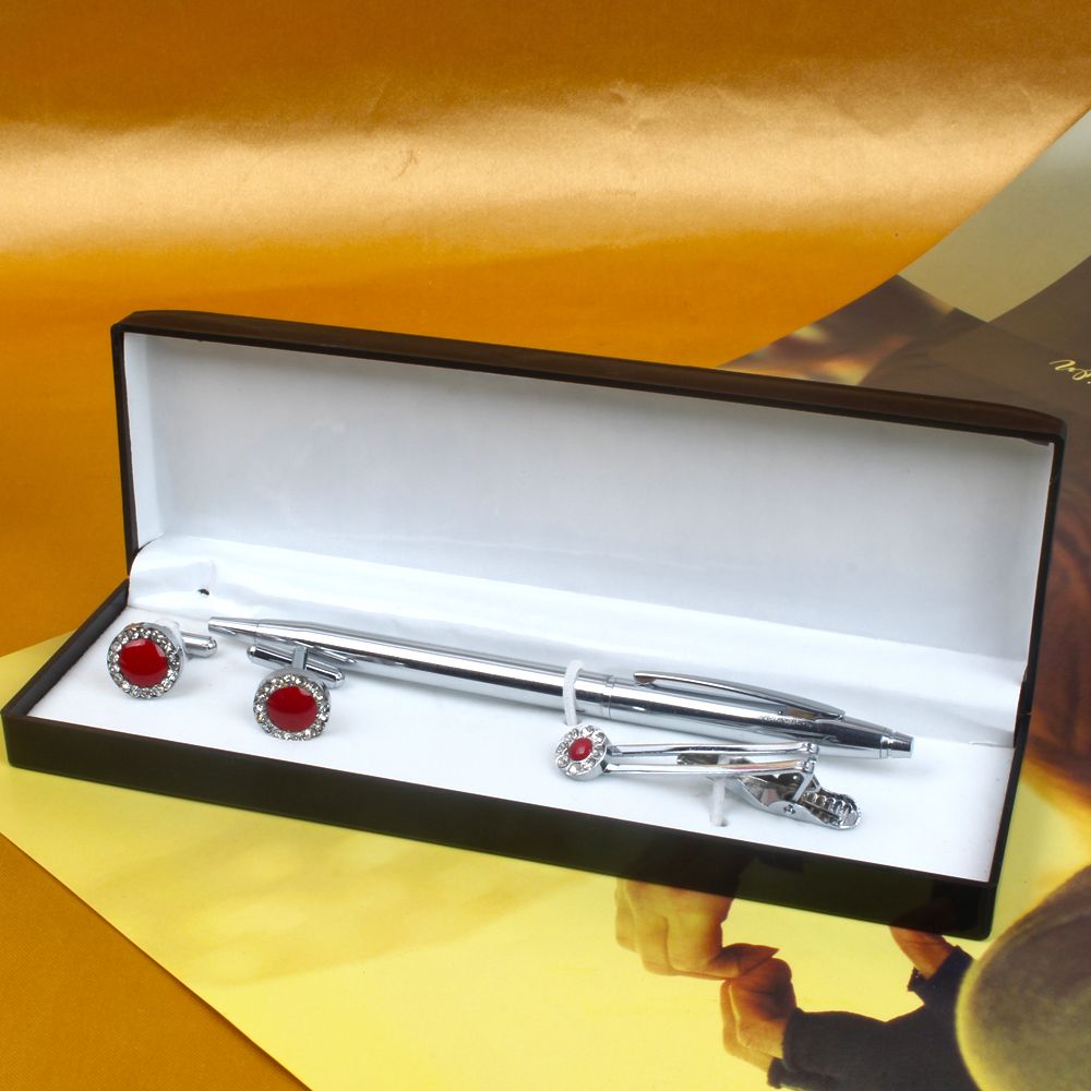 Red Colour Cufflinks with Tie Pin and Silver Pen