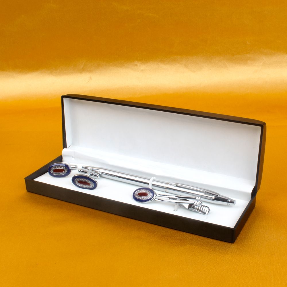 Oval Shape Cufflinks and Tie Pin with Silver Pen