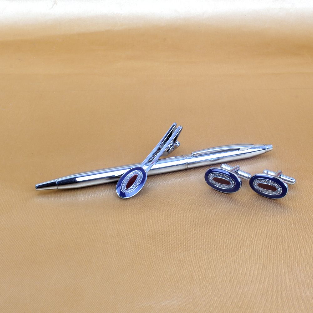 Oval Shape Cufflinks and Tie Pin with Silver Pen