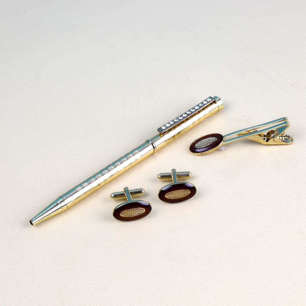 Maroon Oval Shape Cufflinks and Tie Pin with Golden Pen