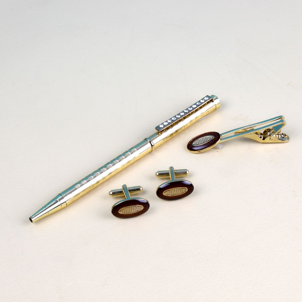 Maroon Oval Shape Cufflinks and Tie Pin with Golden Pen