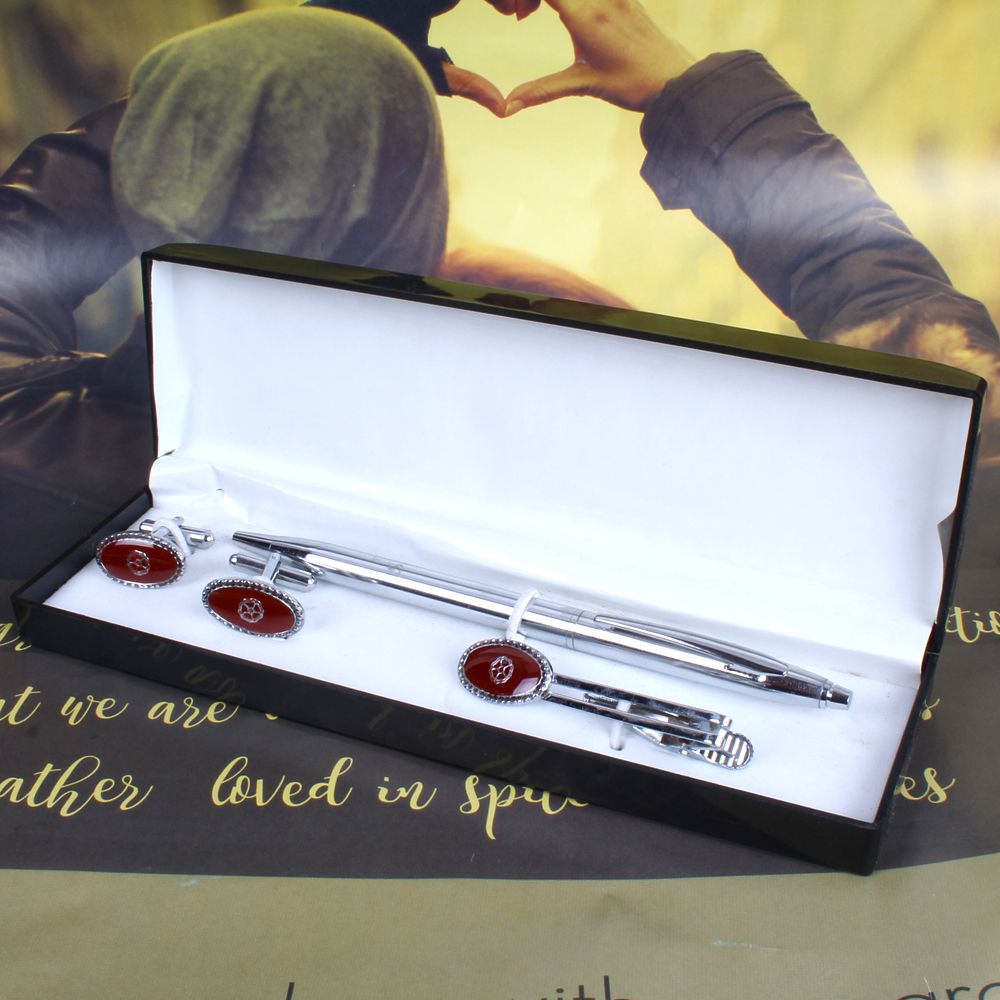 Silver Pen with Marroon Oval Shape Cufflinks and Tie Pin