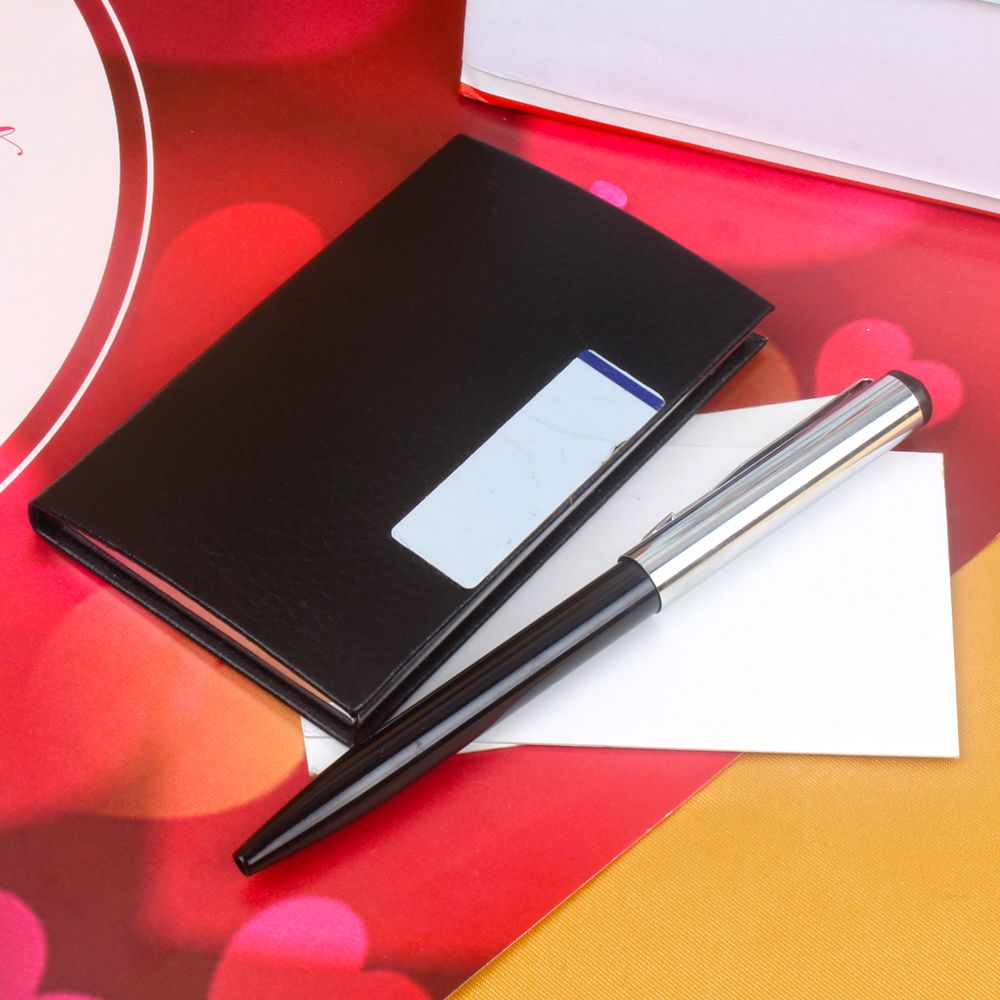 Black Artifical Lether Business Card Holder and Pen