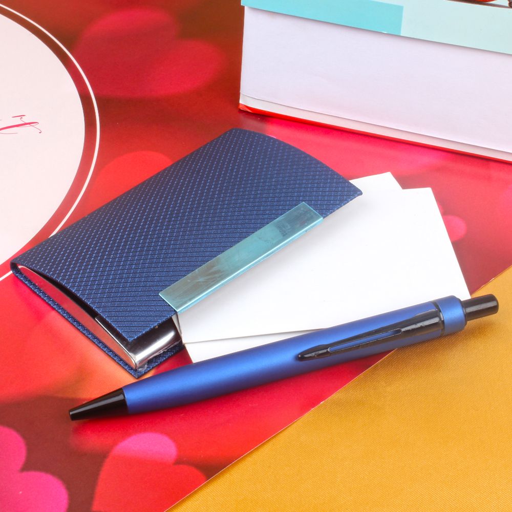 Blue Artifical Lether Business Card Holder with Pen