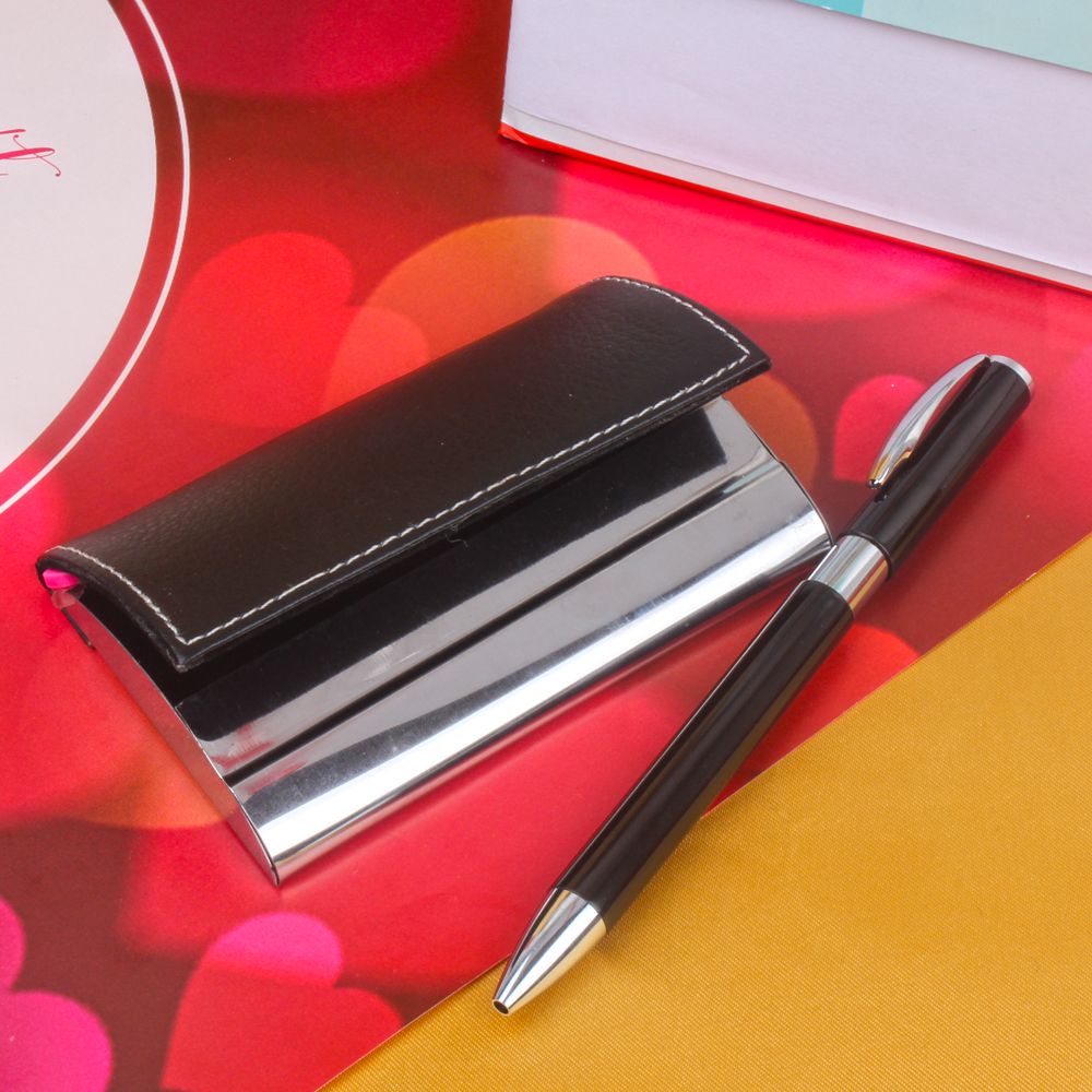 Attractive Black and Silver Business Card Holder with Pen
