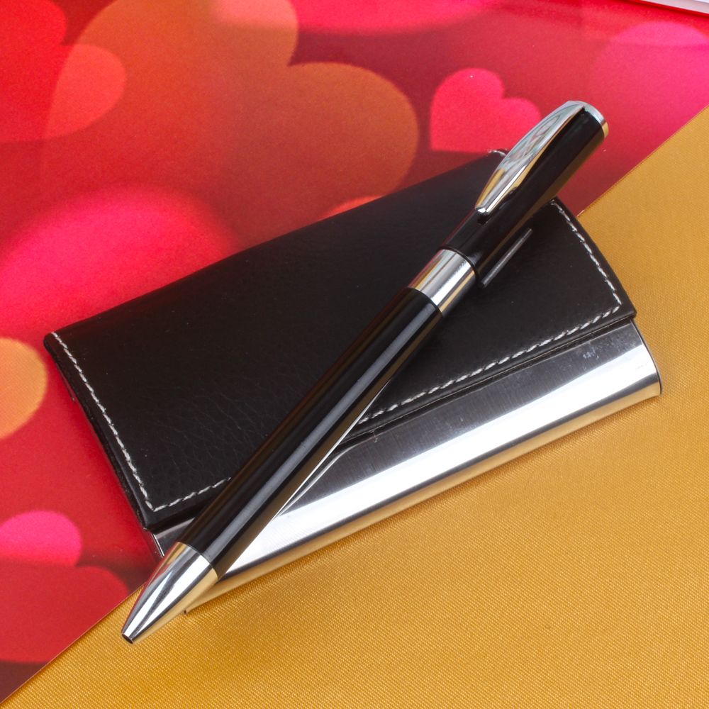 Attractive Black and Silver Business Card Holder with Pen