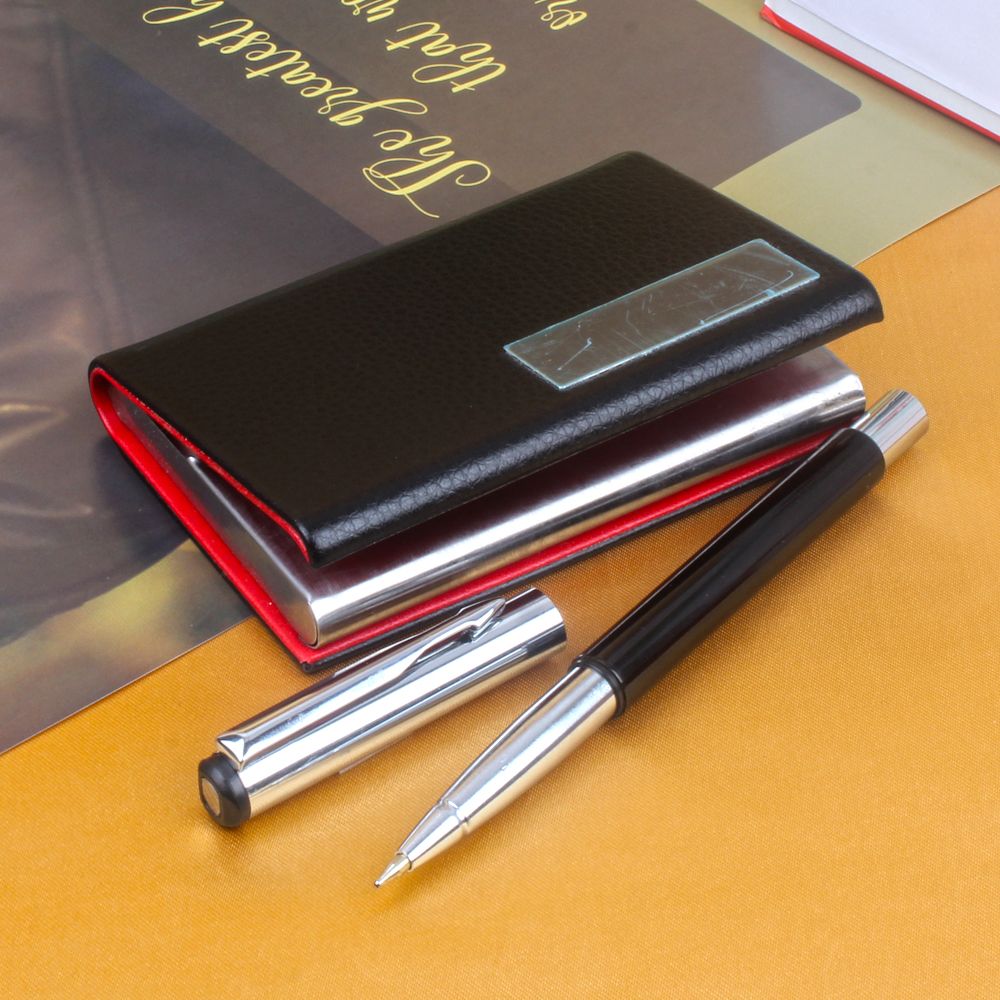 Black and Red Steel Business Card Holder with Pen Gift Set