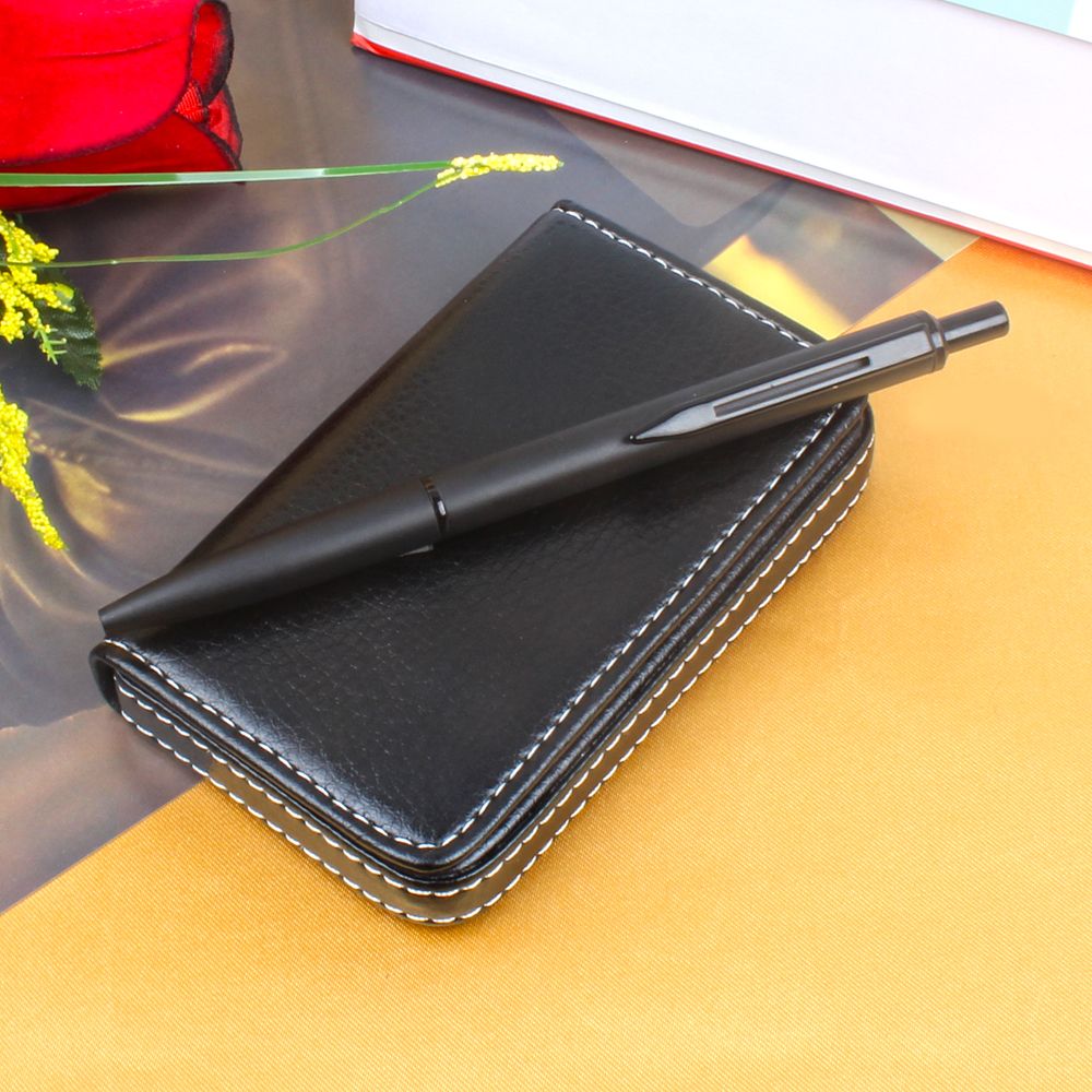 Artifical Black Lether Business Card Holder with Matte Black Pen