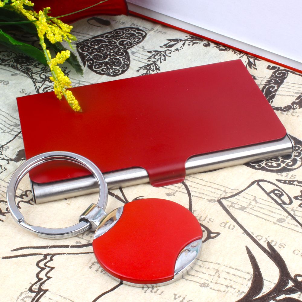 Steel Red Business Card Holder and Keychain