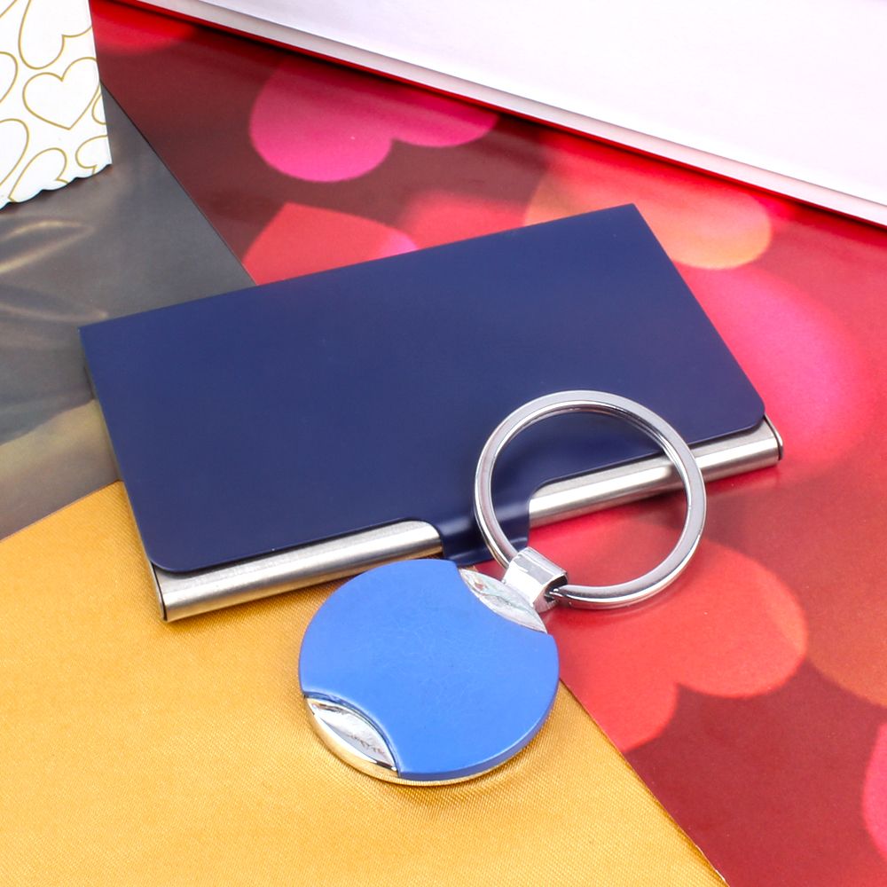 Steel Blue Business Card Holder and Keychain