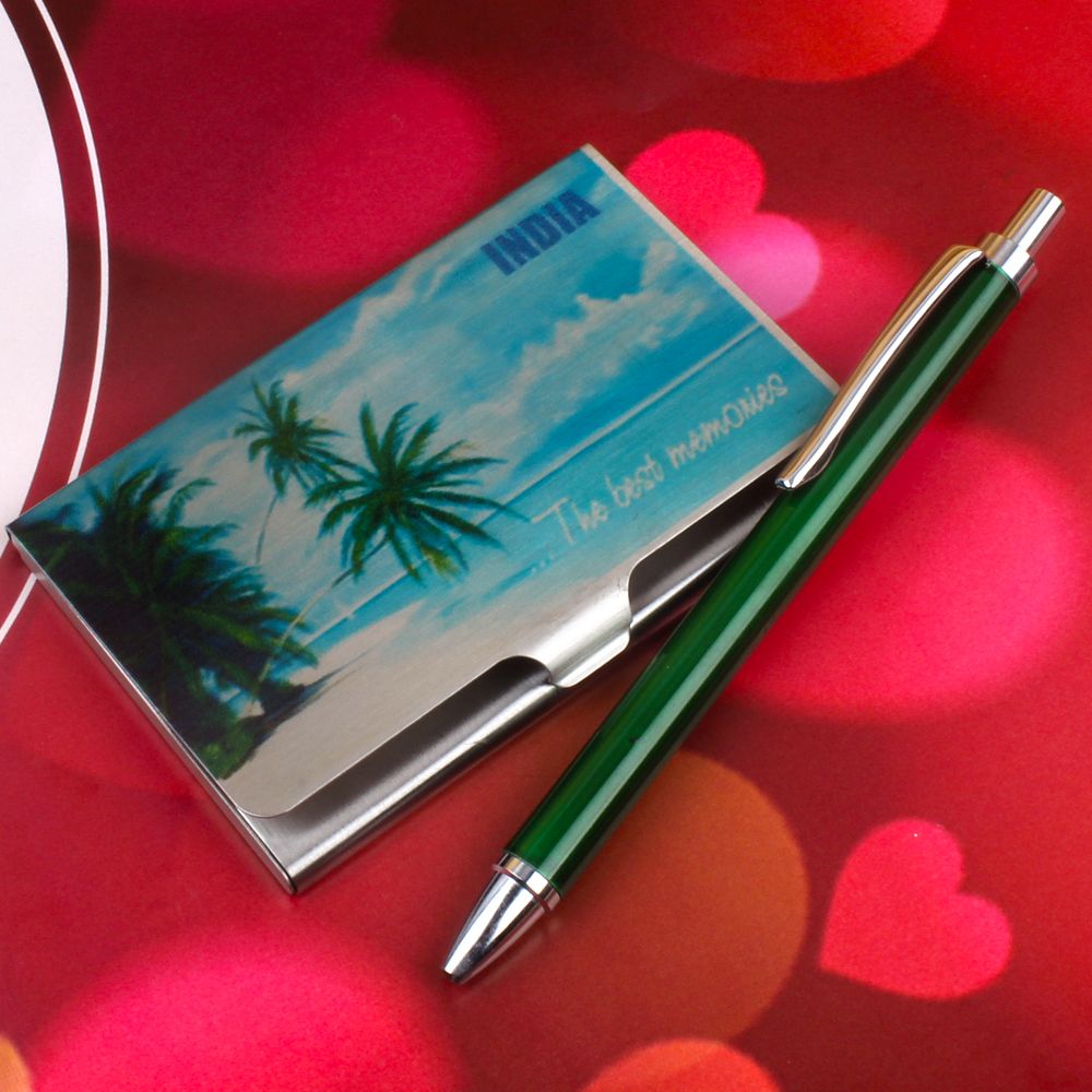 Beach Print Business Card Holder with Green Roller Pen