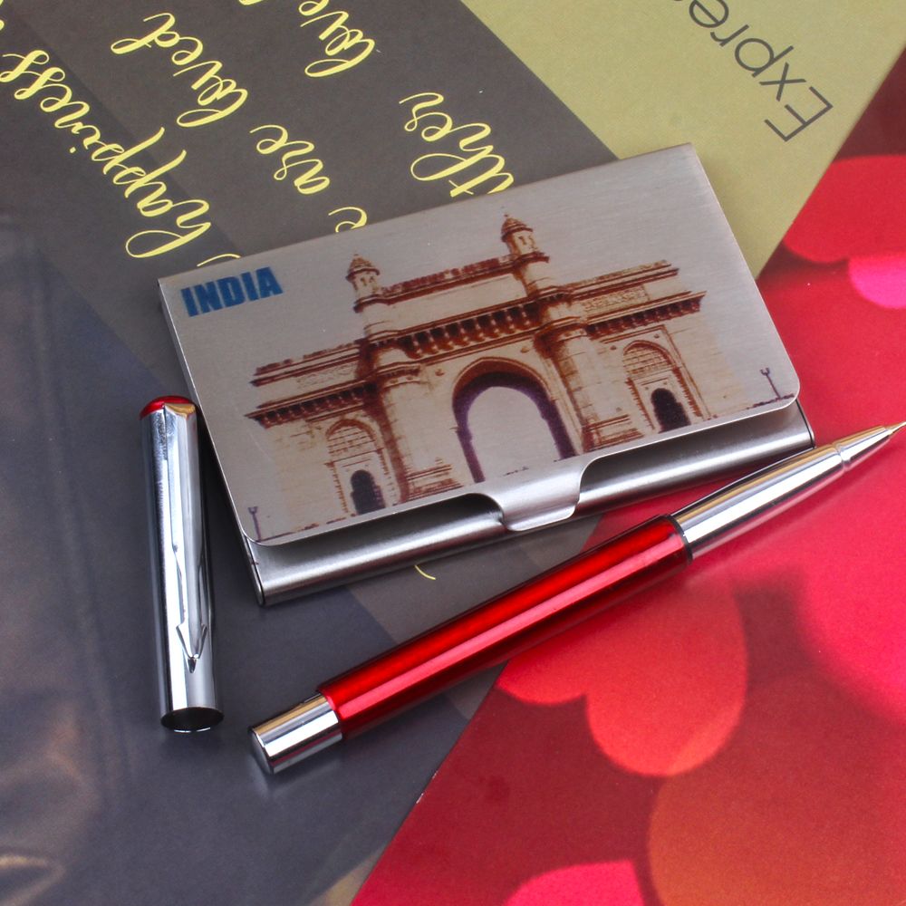 Gateway of India Print Business Card Holder with Pen