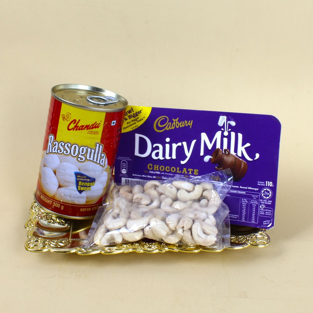 Cadbury dairy milk Miniatures and Rasgulla with Crunchy Cashew in a Tray
