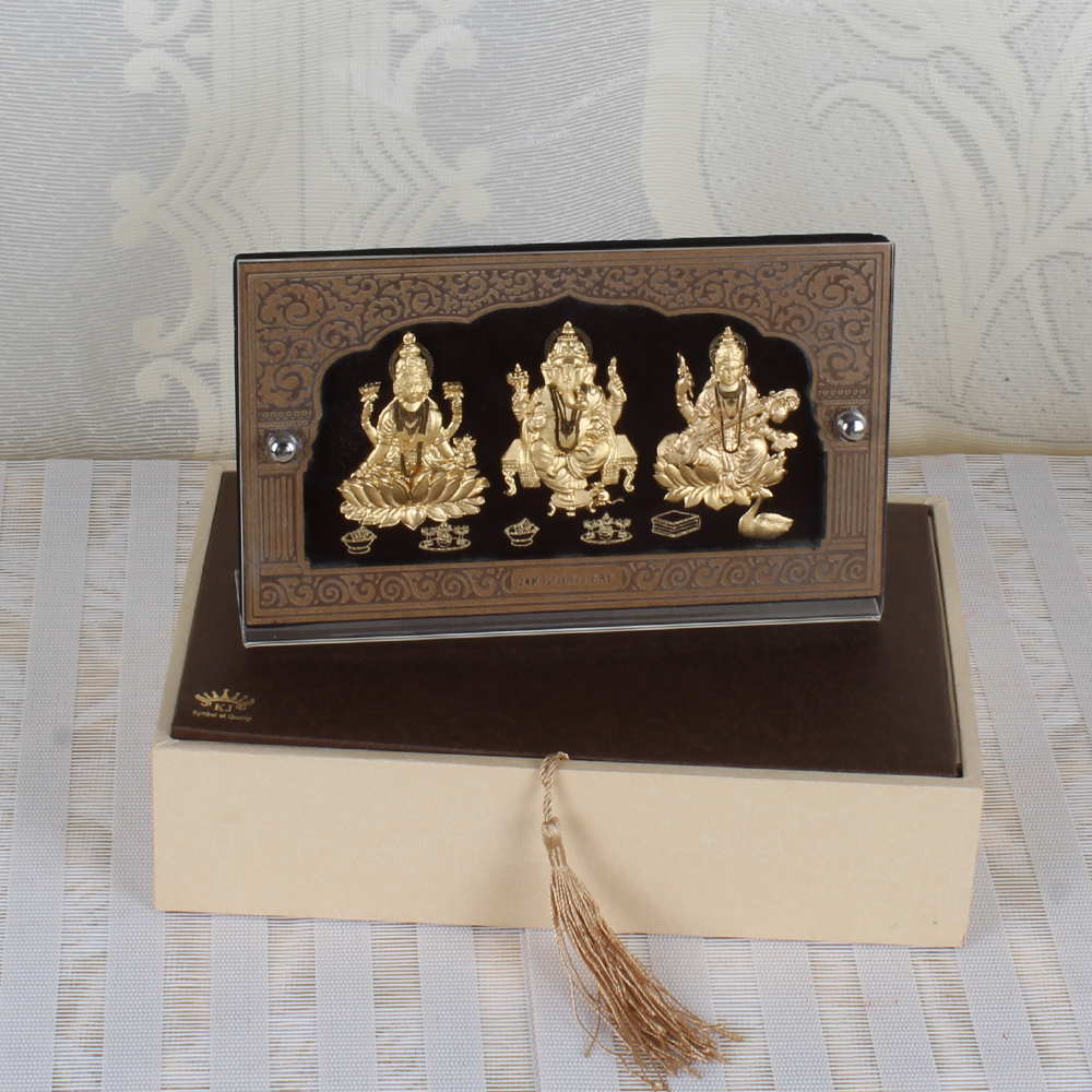 Gold Plated Trio Laxmi Ganesha Saraswati Table Photo Frame