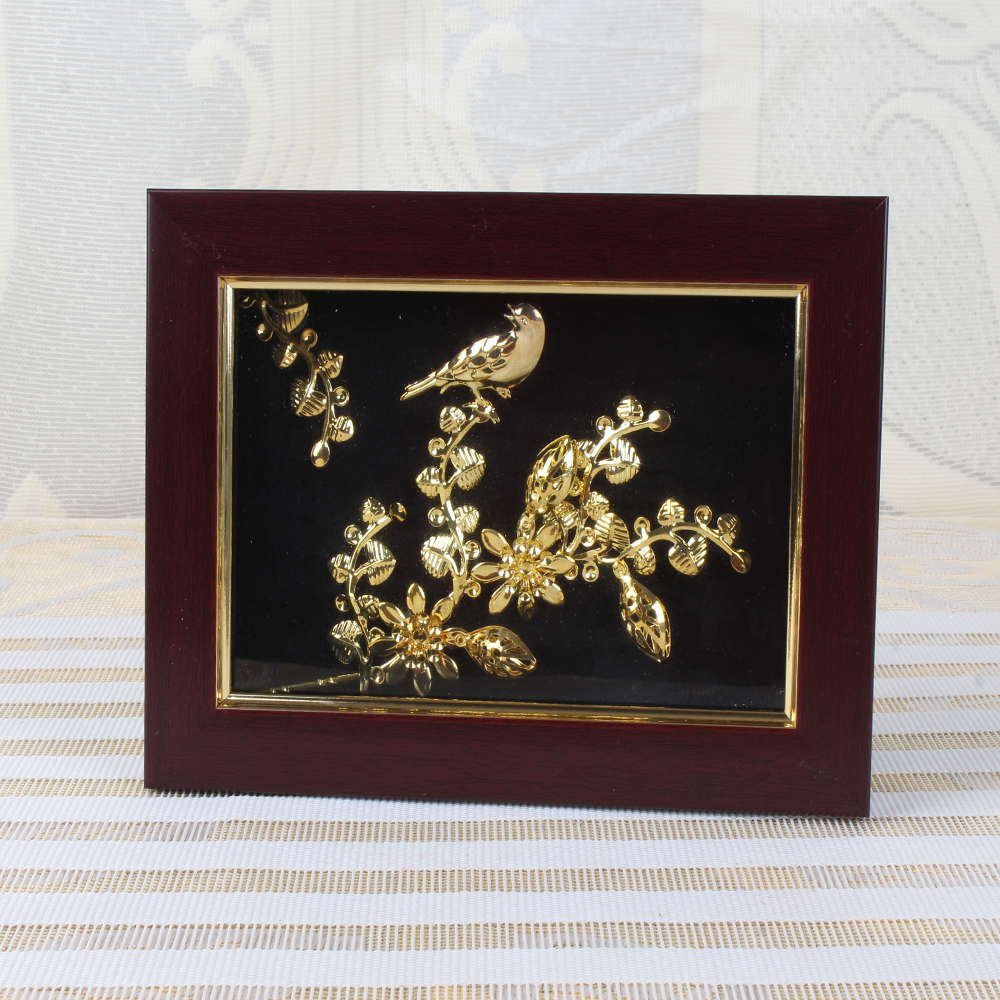Gold Plated Bird Sitting on Flower Plant Branch Designer Table Top Frame