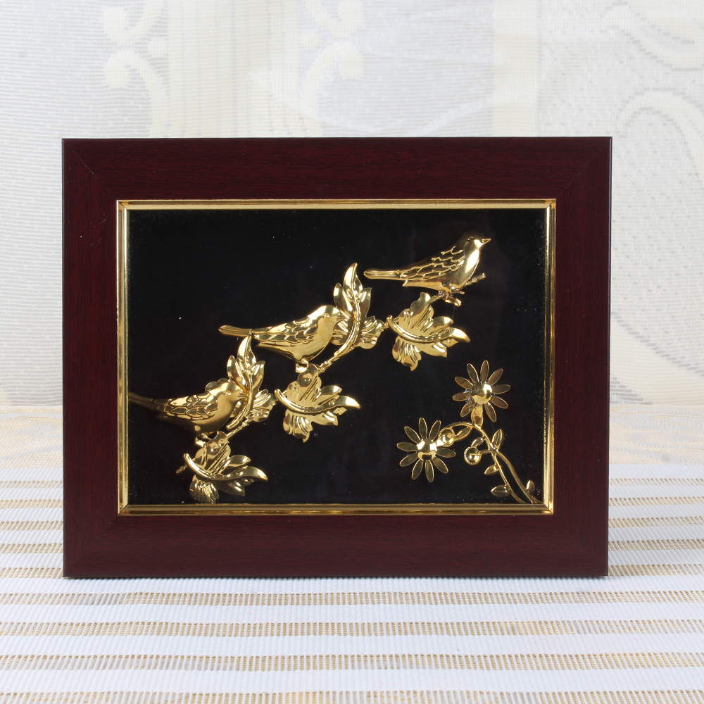 Gold Plated Three Birds Sitting on Flower Plant Branch Designer Table Top Frame