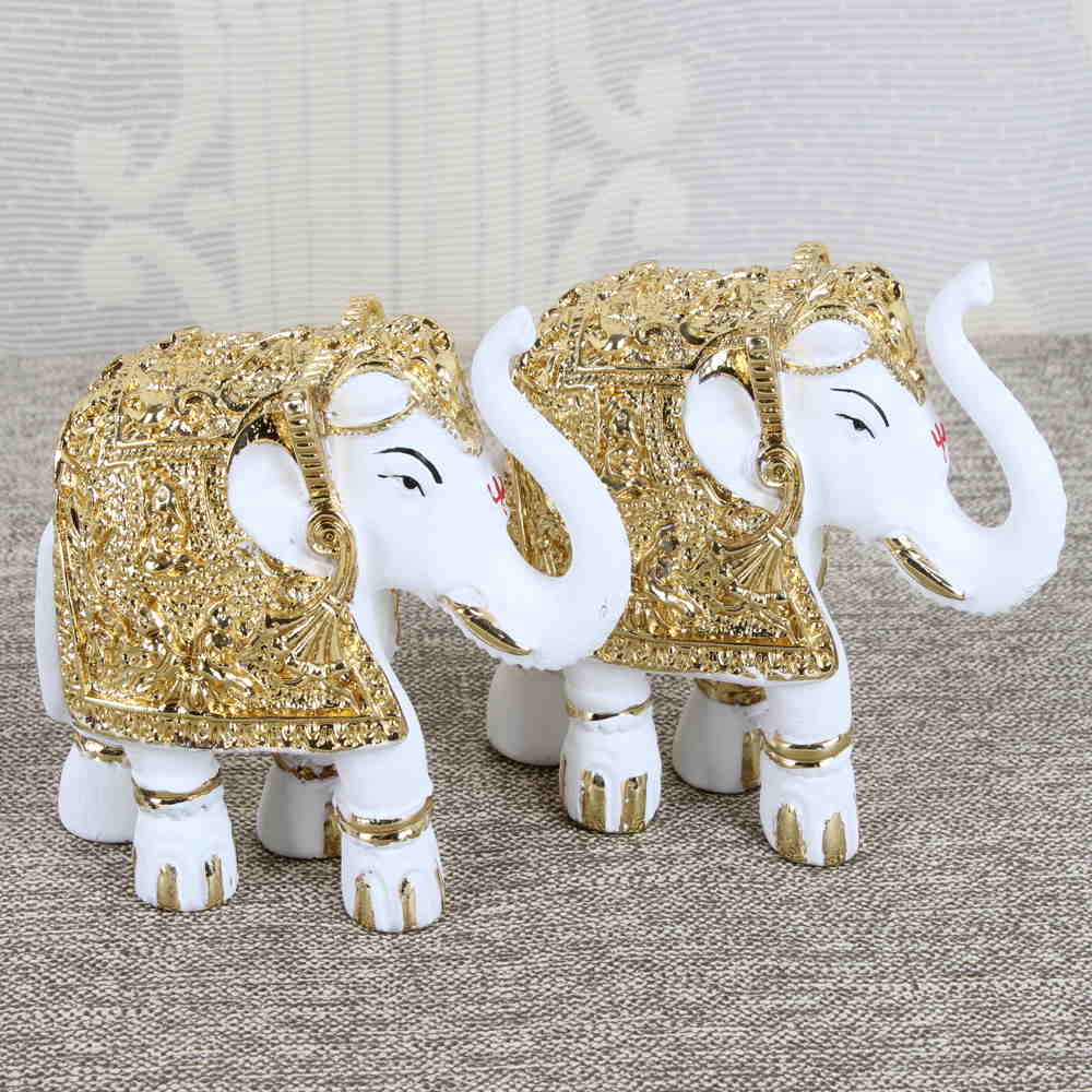 Gold Plated Royal White Elephants Decorative Showpiece