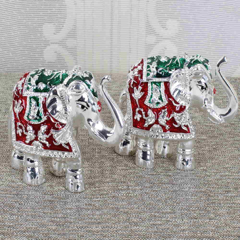 Silver Plated Royal Colorful Elephants Decorative Showpiece